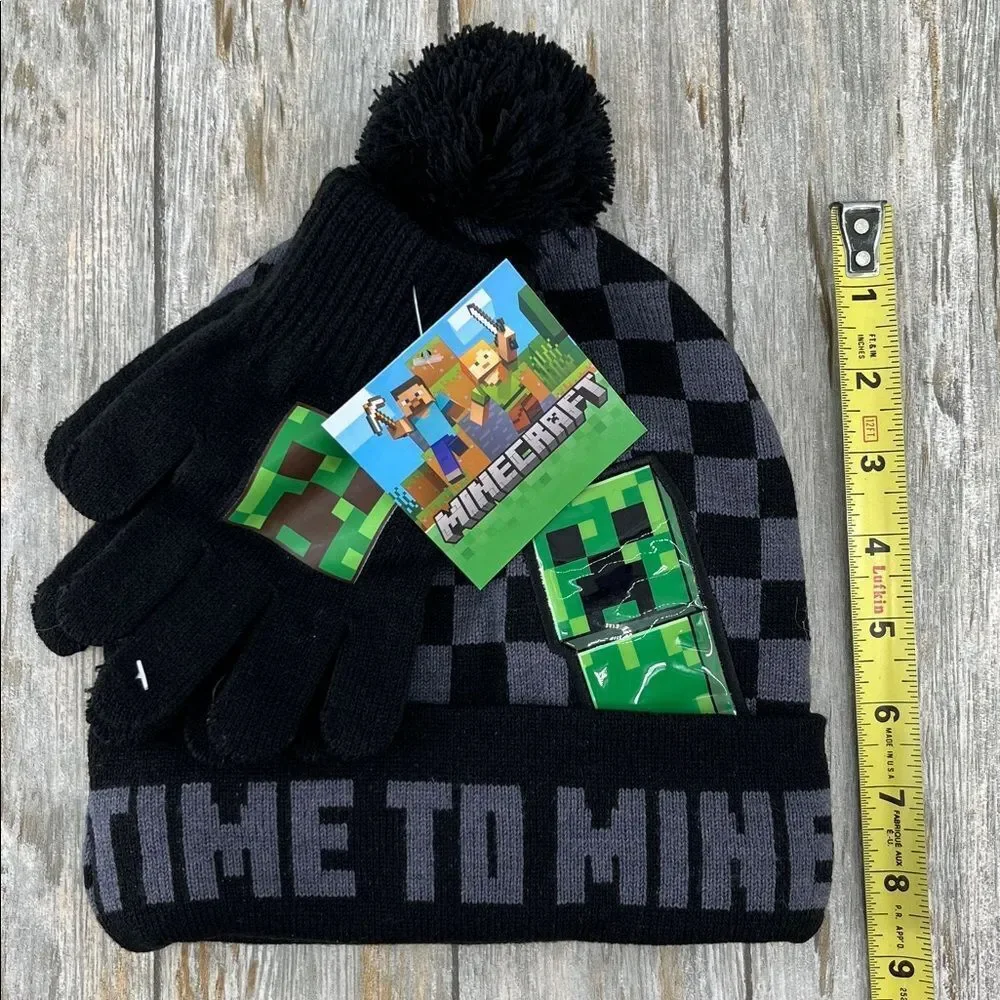 Minecraft Beanie Hat Knit & Ski Gloves 3-Piece Set